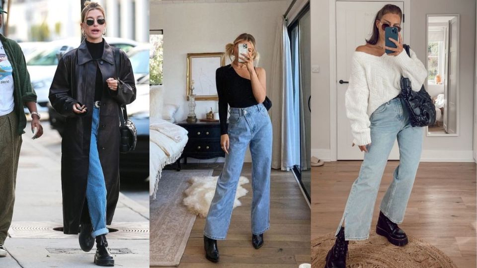 ¿Cómo puedo usar mom jeans y botas en mis outfits?