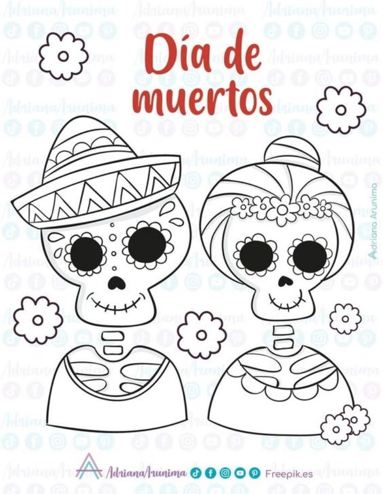 Dibujo de Día de Muertos de calaveritas para imprimir y colorear